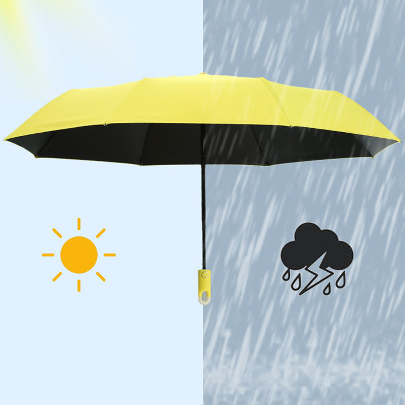 Button Activated Umbrella with 360 Degree Rotating Handle and Hook Storage Design