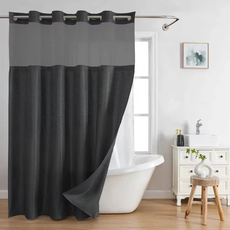 Hookless Shower Curtain with Integrated Liner and Mesh Window Panel