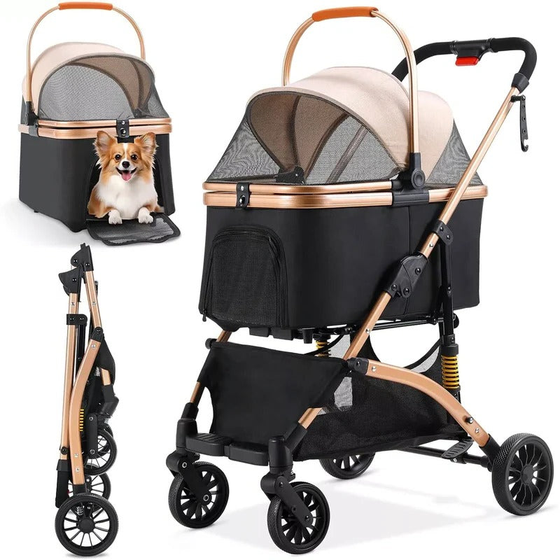 Foldable Pet Stroller with Detachable Transport Box and Rear Brake, 88lb Capacity