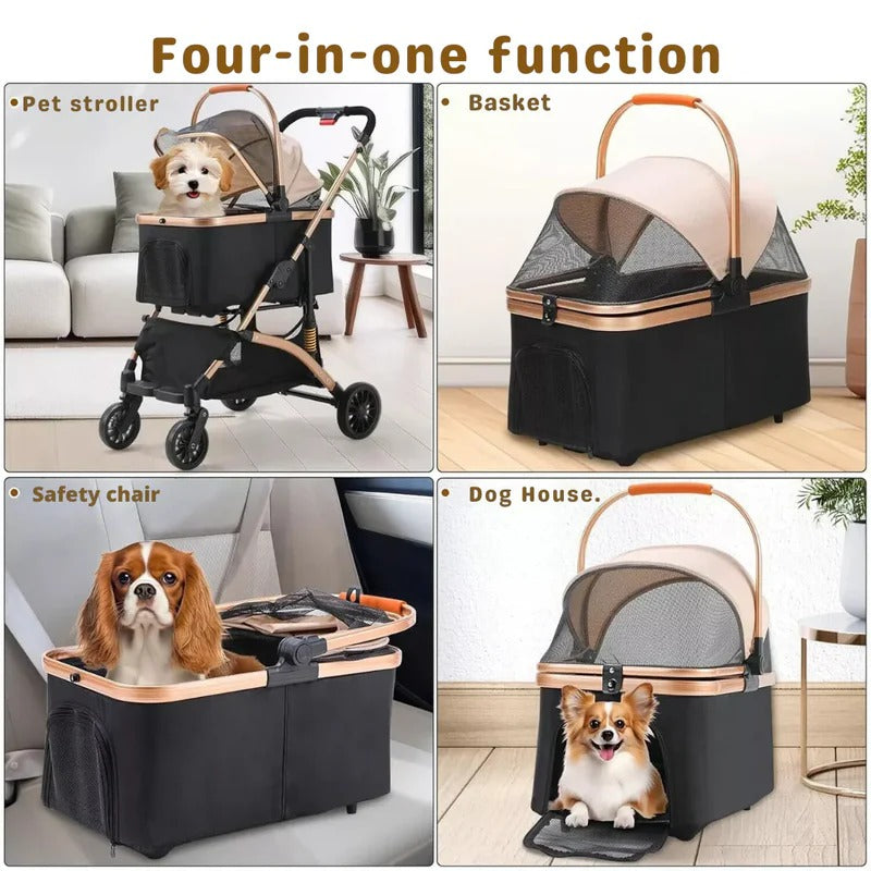 Foldable Pet Stroller with Detachable Transport Box and Rear Brake, 88lb Capacity