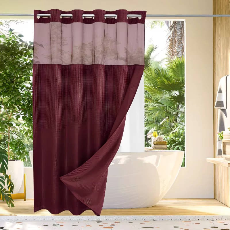Hookless Shower Curtain with Integrated Liner and Mesh Window Panel