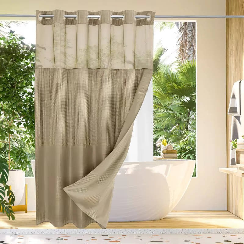 Hookless Shower Curtain with Integrated Liner and Mesh Window Panel