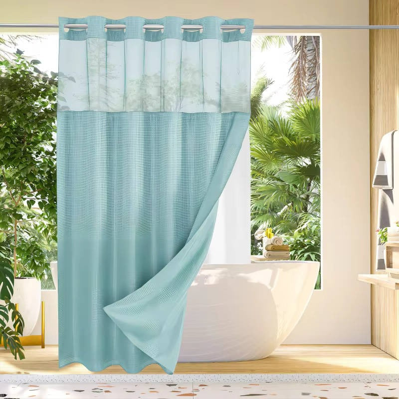 Hookless Shower Curtain with Integrated Liner and Mesh Window Panel