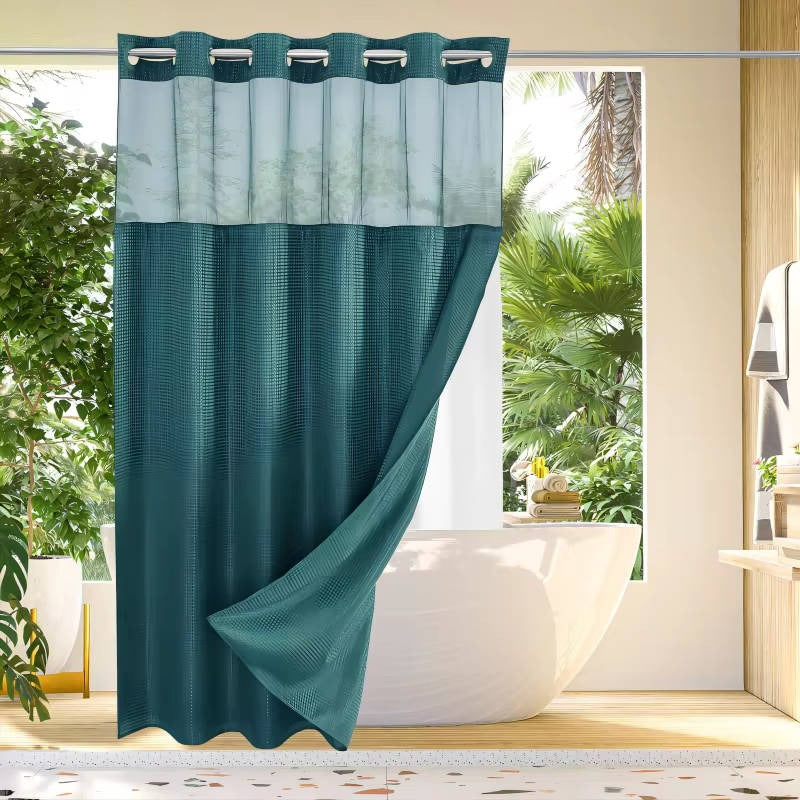 Hookless Shower Curtain with Integrated Liner and Mesh Window Panel