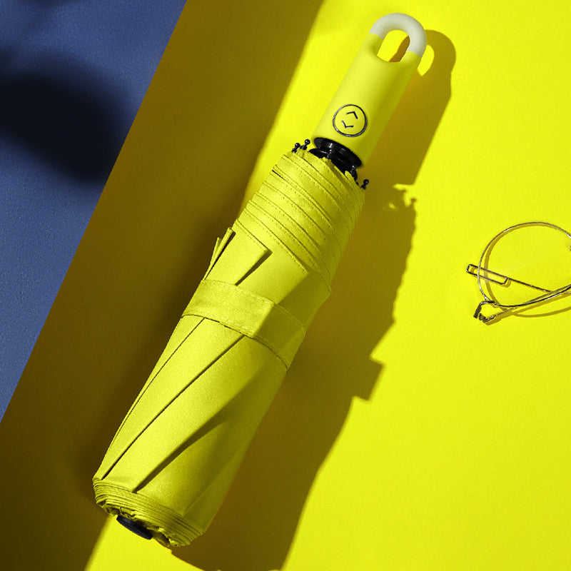 Button Activated Umbrella with 360 Degree Rotating Handle and Hook Storage Design