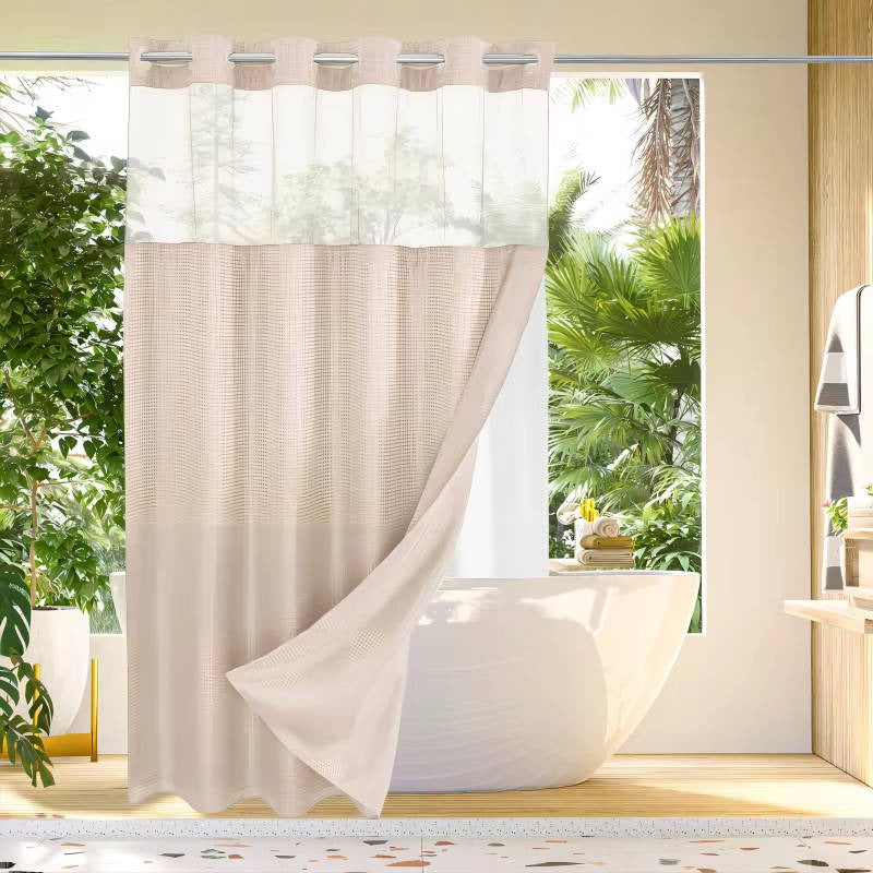 Hookless Shower Curtain with Integrated Liner and Mesh Window Panel