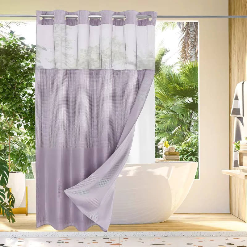 Hookless Shower Curtain with Integrated Liner and Mesh Window Panel