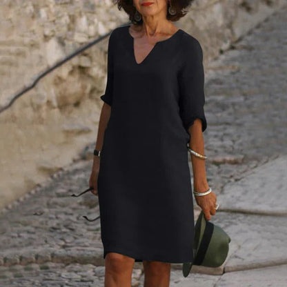 Loose Fit Pullover Dress with Three-Quarter Sleeves and Breathable Cotton Blend