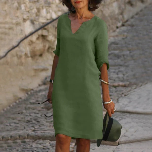 Loose Fit Pullover Dress with Three-Quarter Sleeves and Breathable Cotton Blend