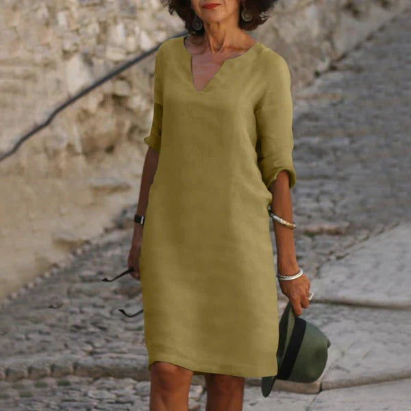 Loose Fit Pullover Dress with Three-Quarter Sleeves and Breathable Cotton Blend