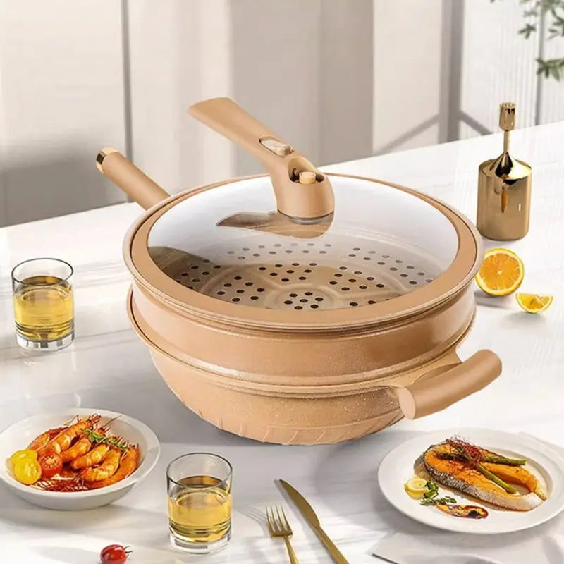 Nonstick Wok with Micropressure Sealing and Steamer Basket, Gas and Induction Compatible