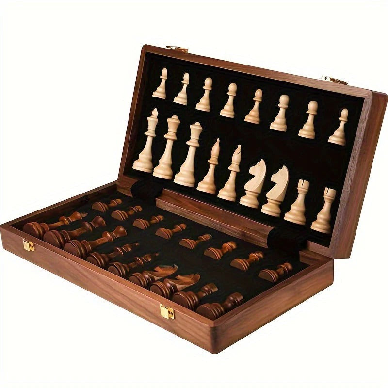Chess Set with Solid Wood Board and 34 Carved Pieces, 15.7 x 15.7 in