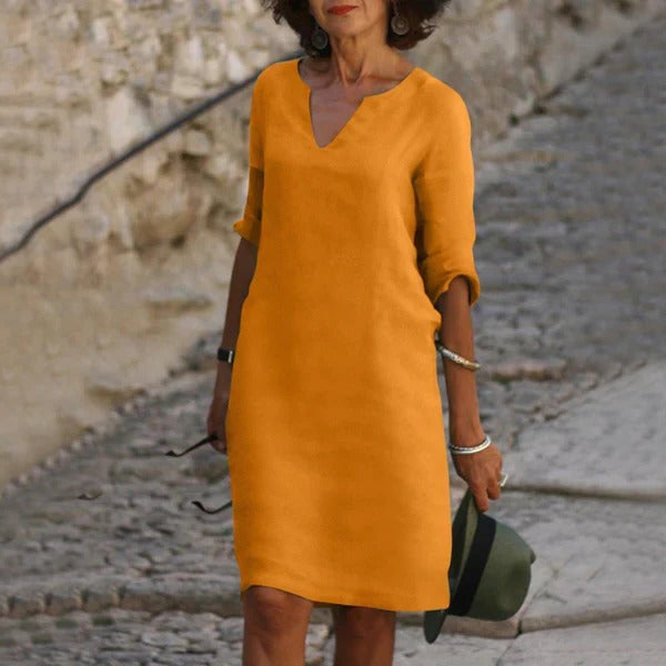 Loose Fit Pullover Dress with Three-Quarter Sleeves and Breathable Cotton Blend