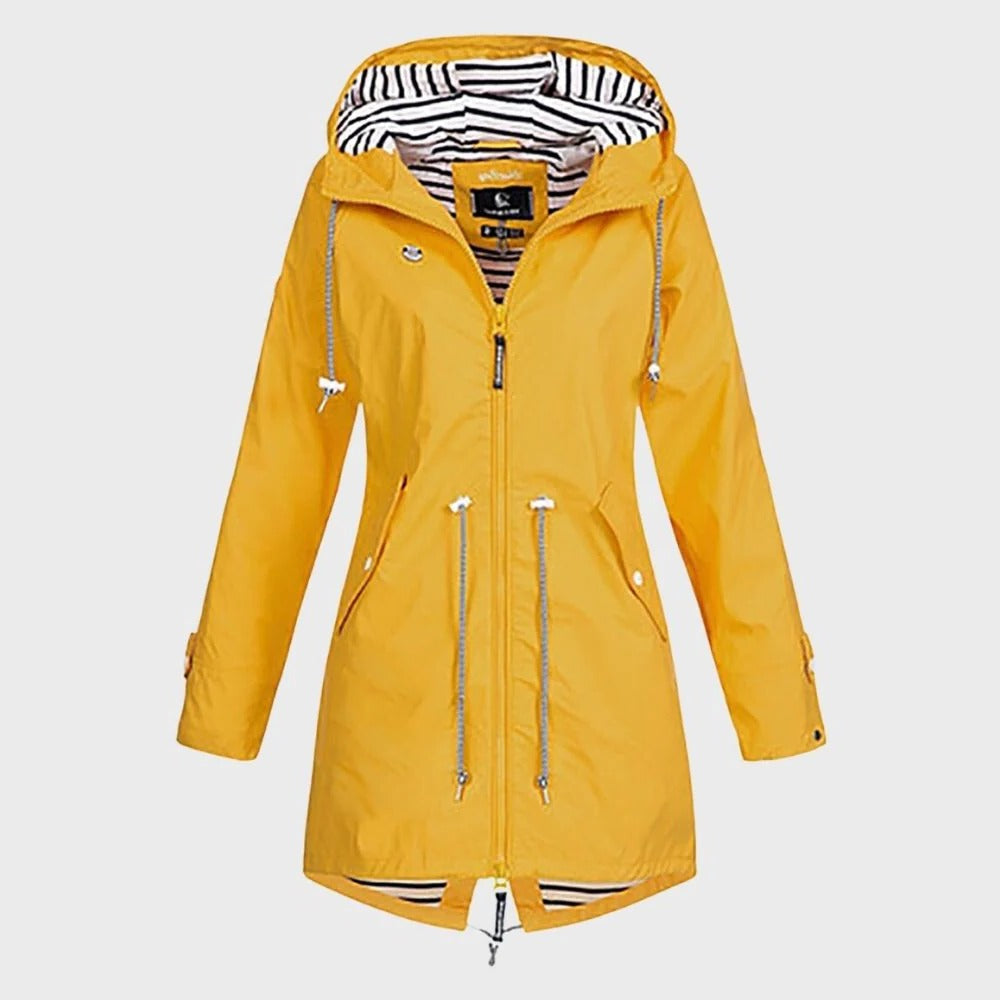 Women Long Hooded Rain Jacket with Adjustable Drawstring Hood and Water Repellent Fabric