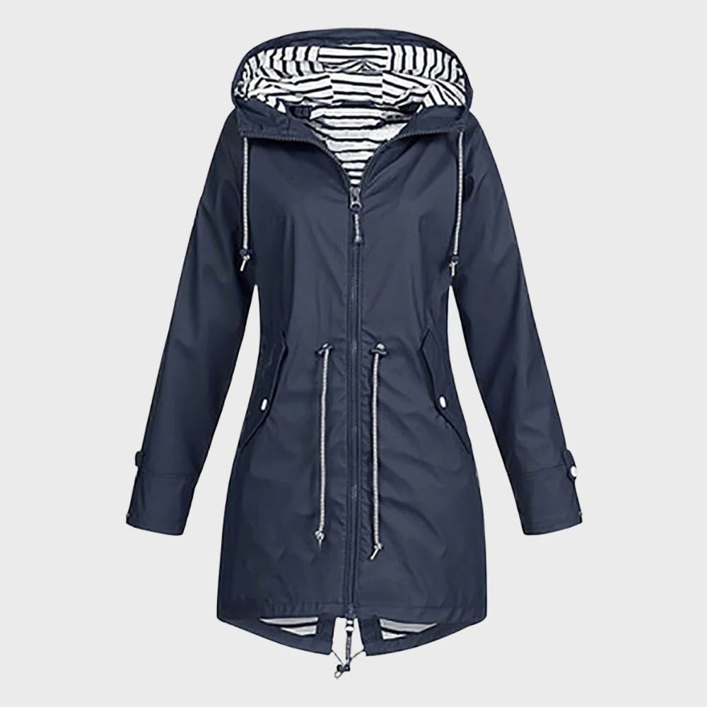 Women Long Hooded Rain Jacket with Adjustable Drawstring Hood and Water Repellent Fabric