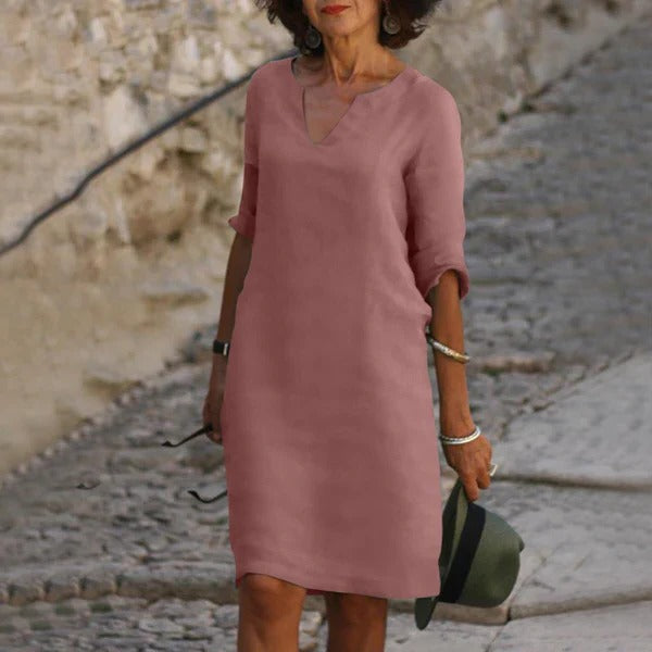 Loose Fit Pullover Dress with Three-Quarter Sleeves and Breathable Cotton Blend