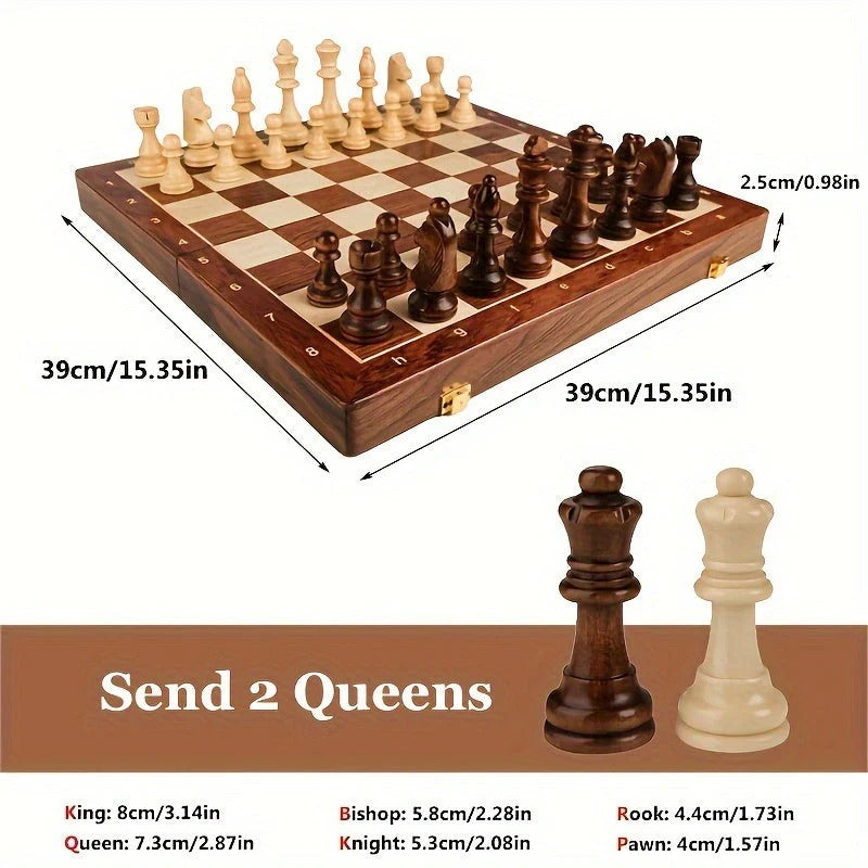 Chess Set with Solid Wood Board and 34 Carved Pieces, 15.7 x 15.7 in