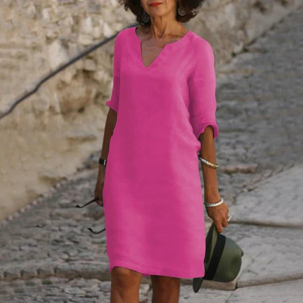 Loose Fit Pullover Dress with Three-Quarter Sleeves and Breathable Cotton Blend