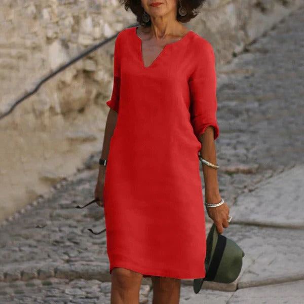 Loose Fit Pullover Dress with Three-Quarter Sleeves and Breathable Cotton Blend
