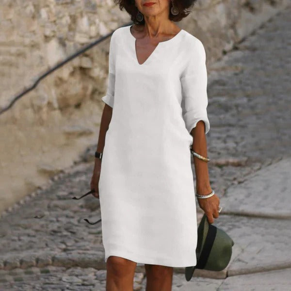 Loose Fit Pullover Dress with Three-Quarter Sleeves and Breathable Cotton Blend