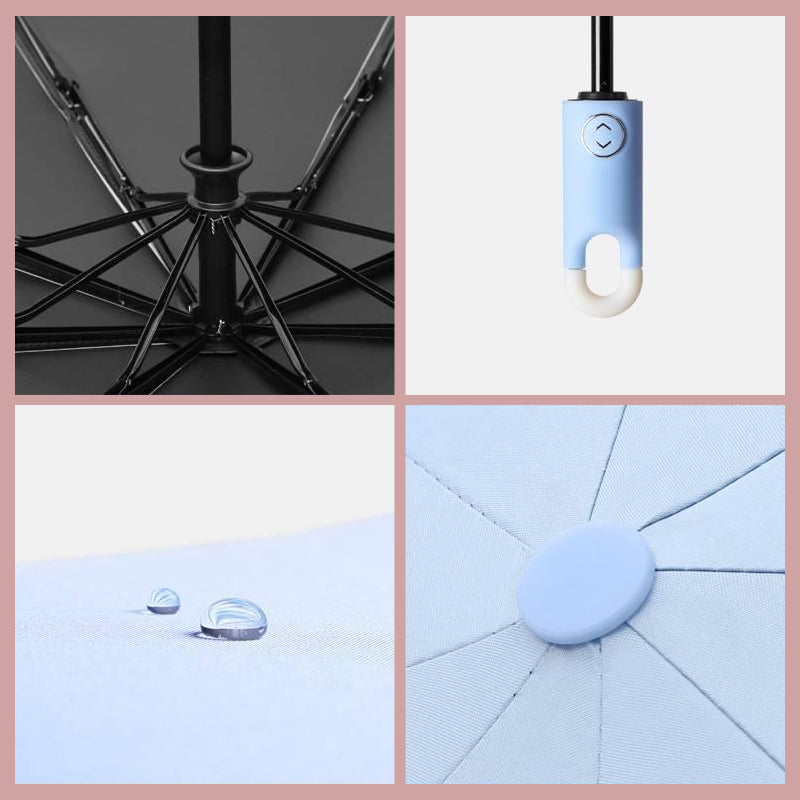 Button Activated Umbrella with 360 Degree Rotating Handle and Hook Storage Design