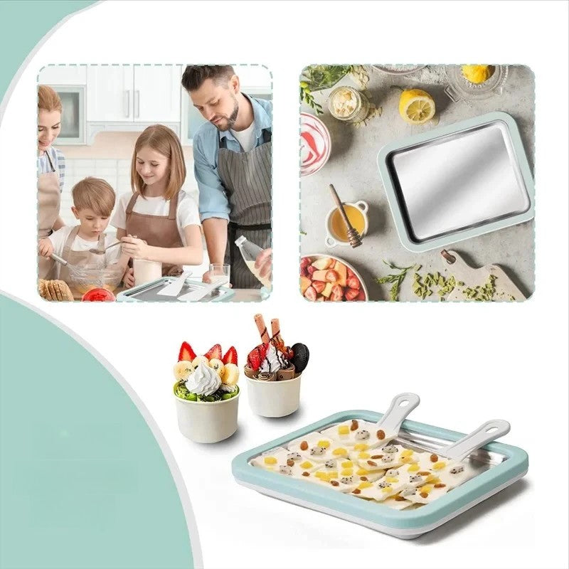 Manual Ice Cream Roll Freezing Plate with Two Scrapers and Stainless Steel Surface