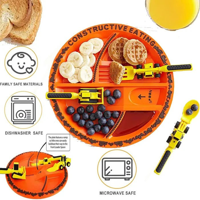 Children's Sectioned Plate with Soft Grip Utensils and Construction Theme for Ages 12 Months Up