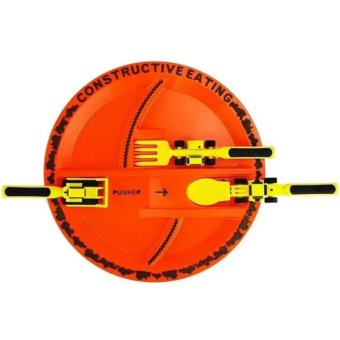 Children's Sectioned Plate with Soft Grip Utensils and Construction Theme for Ages 12 Months Up