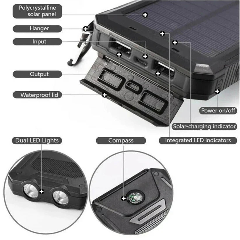 Solar Power Bank with Dual USB and Built-In LEDs, 500000mAh Weather Resistant