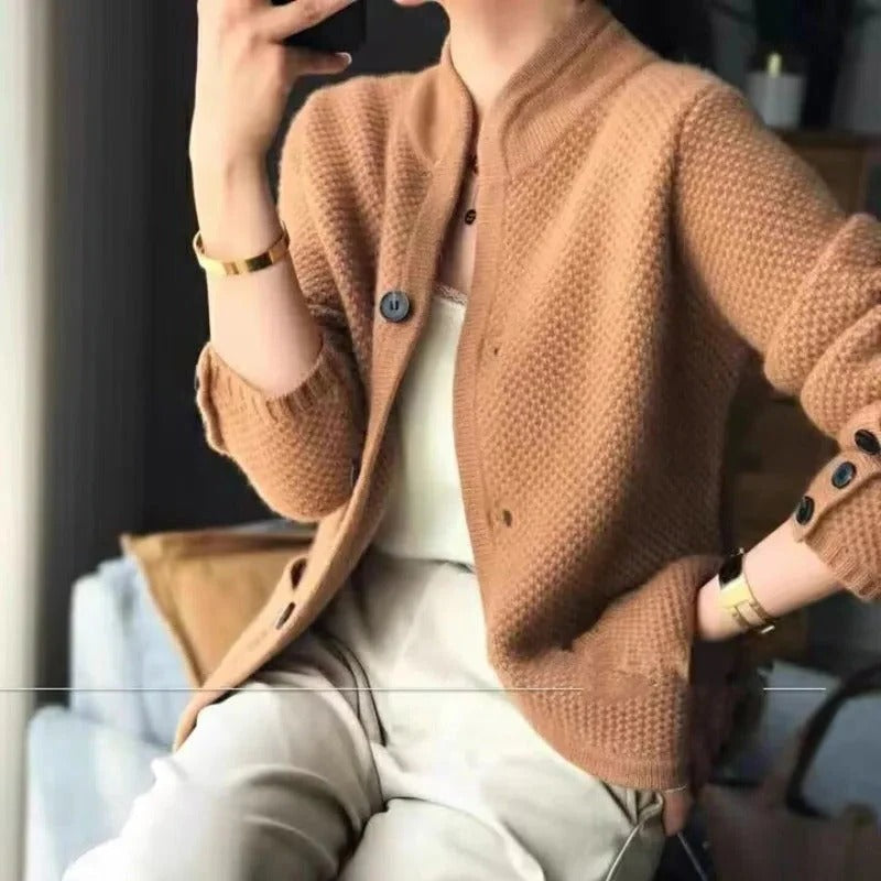 Insulated Sweater Jacket with Thick Knit and High Collar, Front Pockets