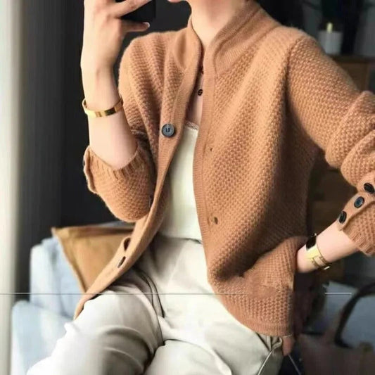 Insulated Sweater Jacket with Thick Knit and High Collar, Front Pockets