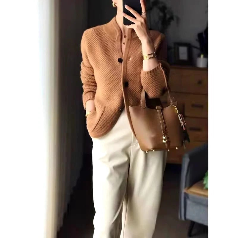 Insulated Sweater Jacket with Thick Knit and High Collar, Front Pockets
