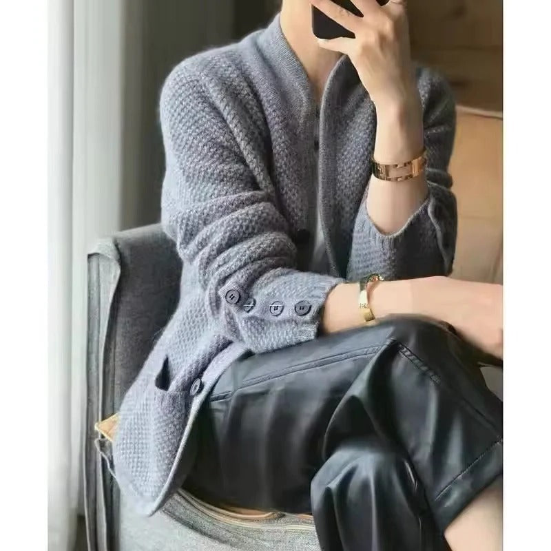 Insulated Sweater Jacket with Thick Knit and High Collar, Front Pockets