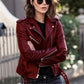 Motorcycle Leather Jacket with Diagonal Zipper and Snap Collar, Adjustable Cuffs