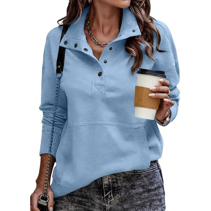Womens Stand Collar Pullover with Partial Button Placket and Drawstring Neckline