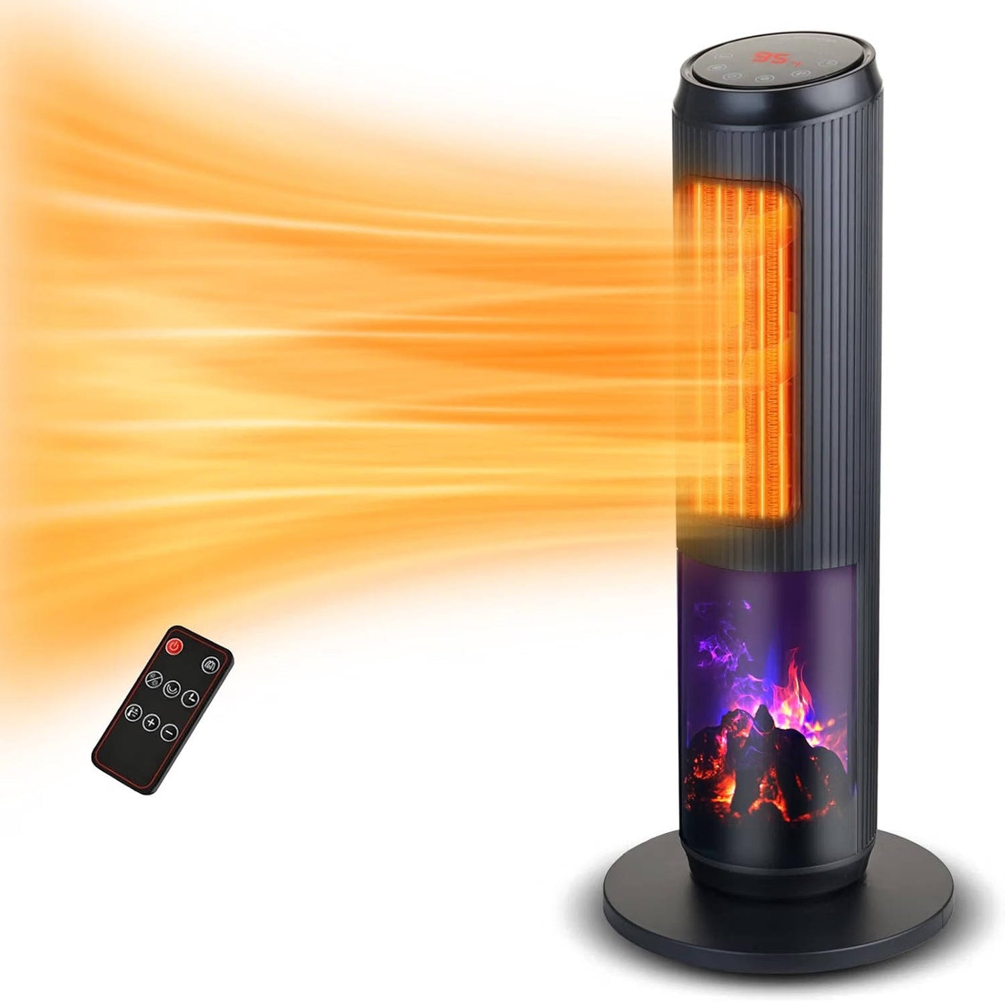 27 inches Ceramic Tower Space Heater, Electric Heater for Large Rooms with 3D Flame, Oscillation and Remote Control