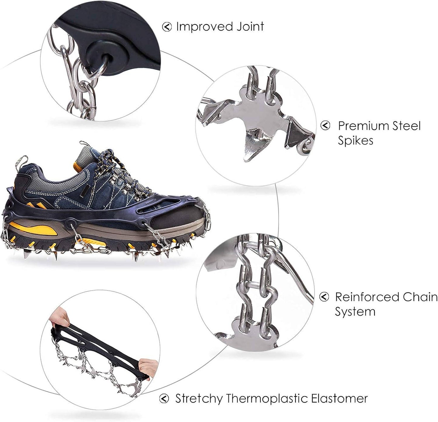 Ice Cleats for Shoes and Boots, 19 Stainless Steel Spikes, Anti Slip Snow Traction Grips for Hiking, Walking and Climbing
