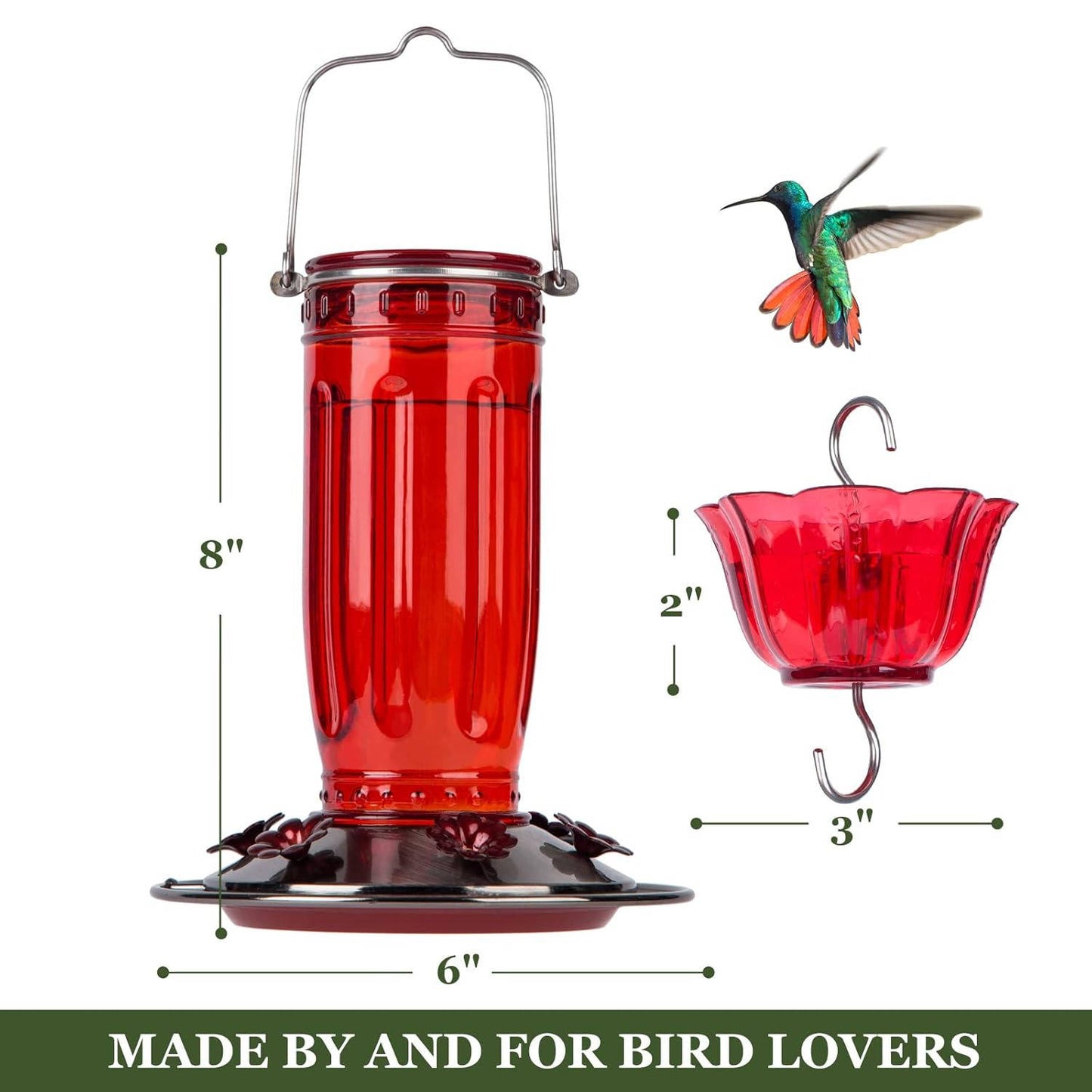 Glass Hummingbird Feeder for Outdoors, Wild Bird Feeder with 6 Feeding Ports for Garden Yard
