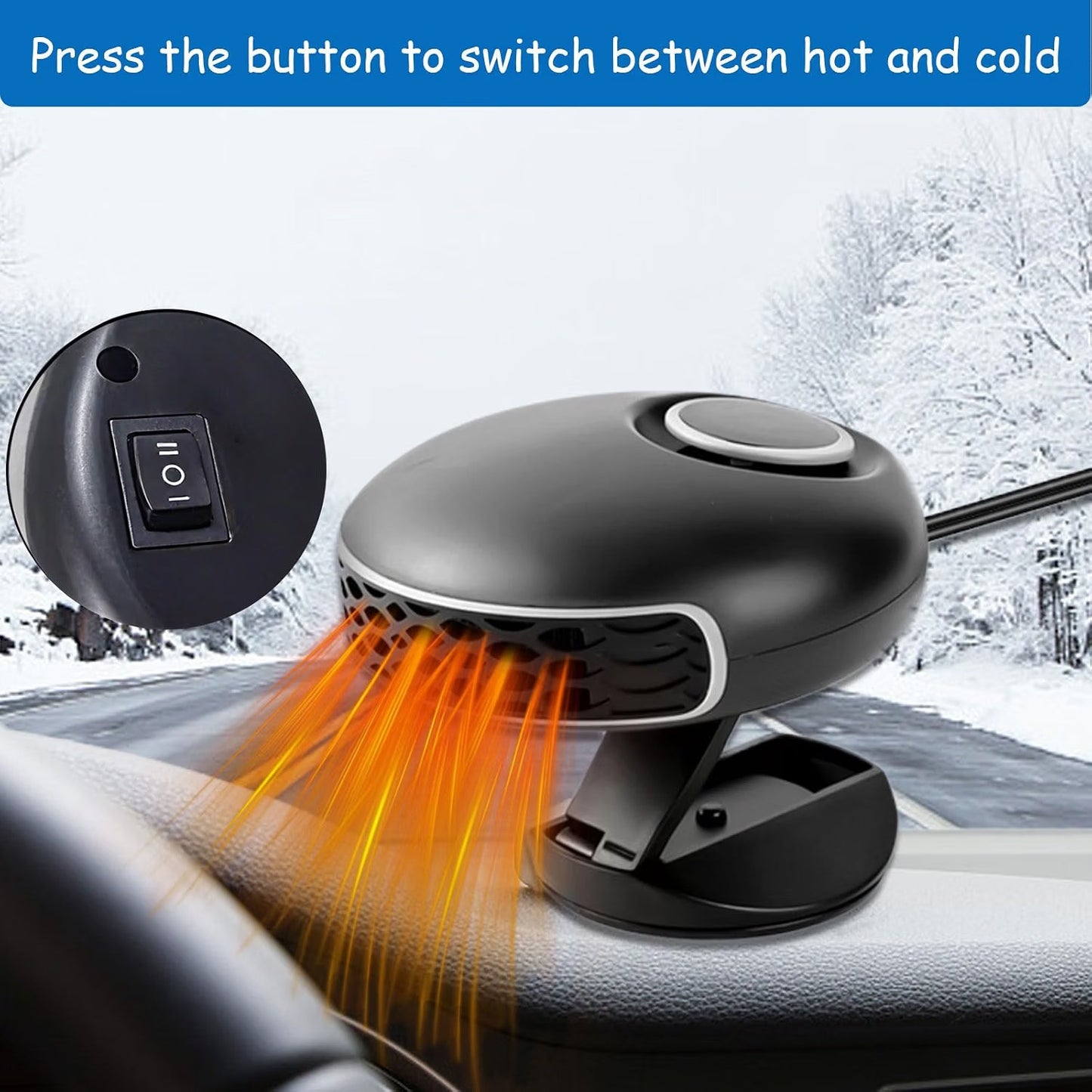 12V Car Heater, 150W Cigarette Lighter Defroster and Defogger, 360 Degrees Rotating Portable Fast Heater for Windshield