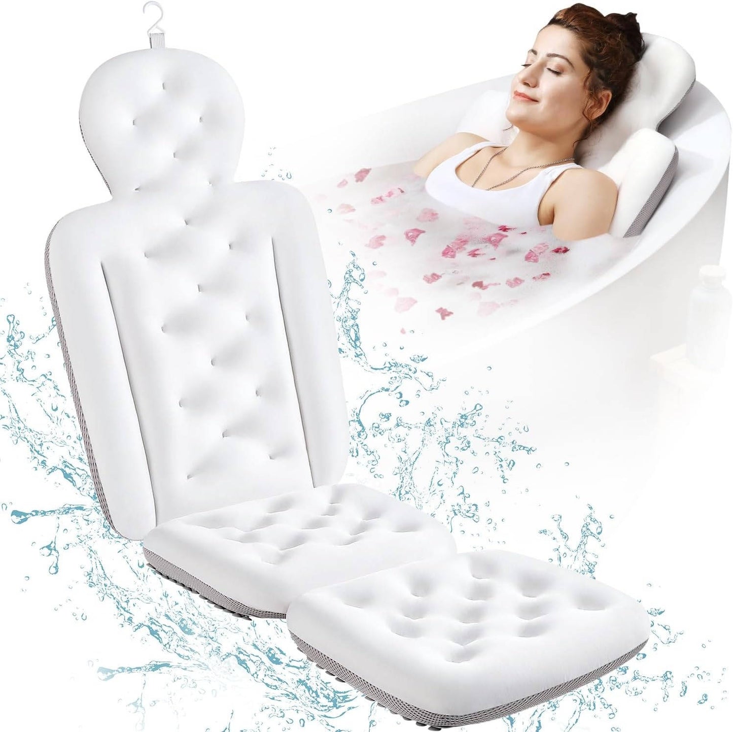Full Body Bath Pillow for Bathtub, Thick Tub Cushion, Head, Neck and Back Support, Luxury Bath Headrest