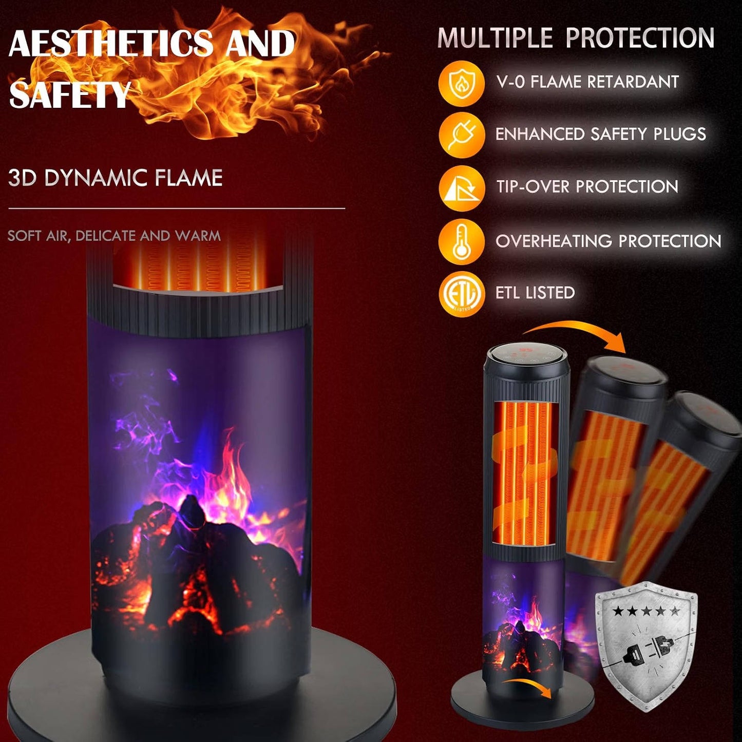 27 inches Ceramic Tower Space Heater, Electric Heater for Large Rooms with 3D Flame, Oscillation and Remote Control