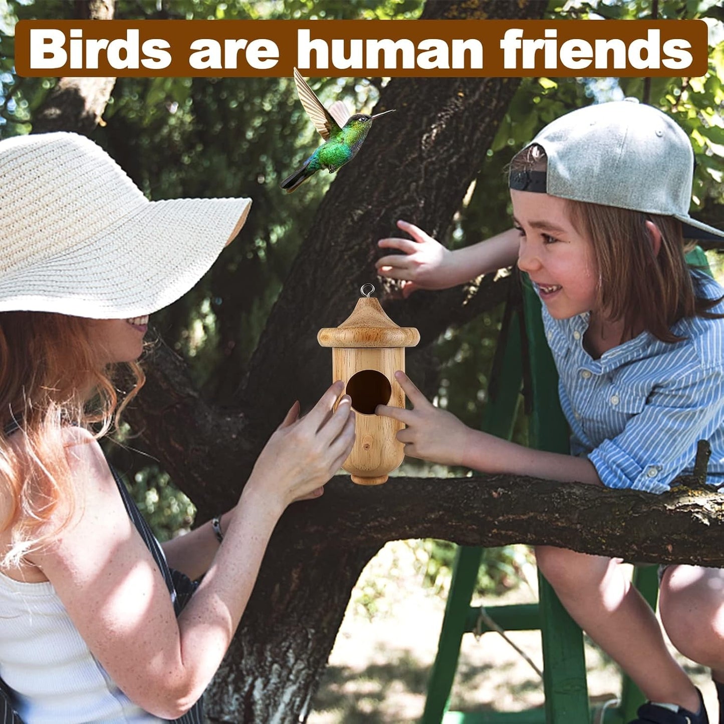 House for Outside Nesting 3 Pack with Bird Feeder, Small Wooden Bird House for Outdoors with Hemp Ropes
