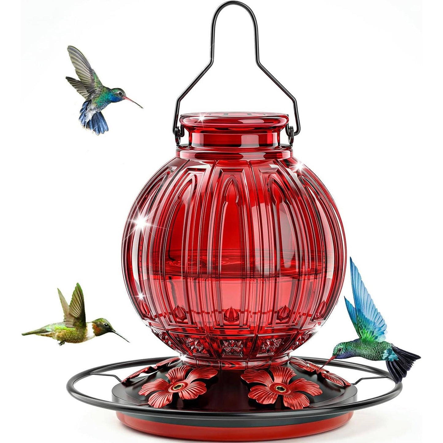 Glass Bird Feeder for Outdoors Hanging, 26 oz Leakproof Bird Nectar Feeder with 5 Metal Flower Feeding Ports