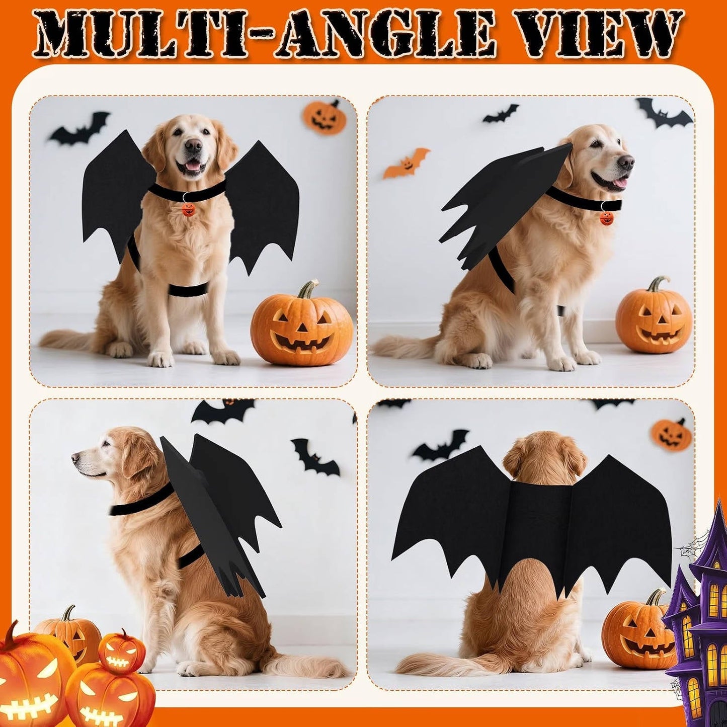 Dog Halloween Costume for Large Dogs, Bat Wings with Pumpkin Bell for Halloween Cosplay Parties and Dress Up