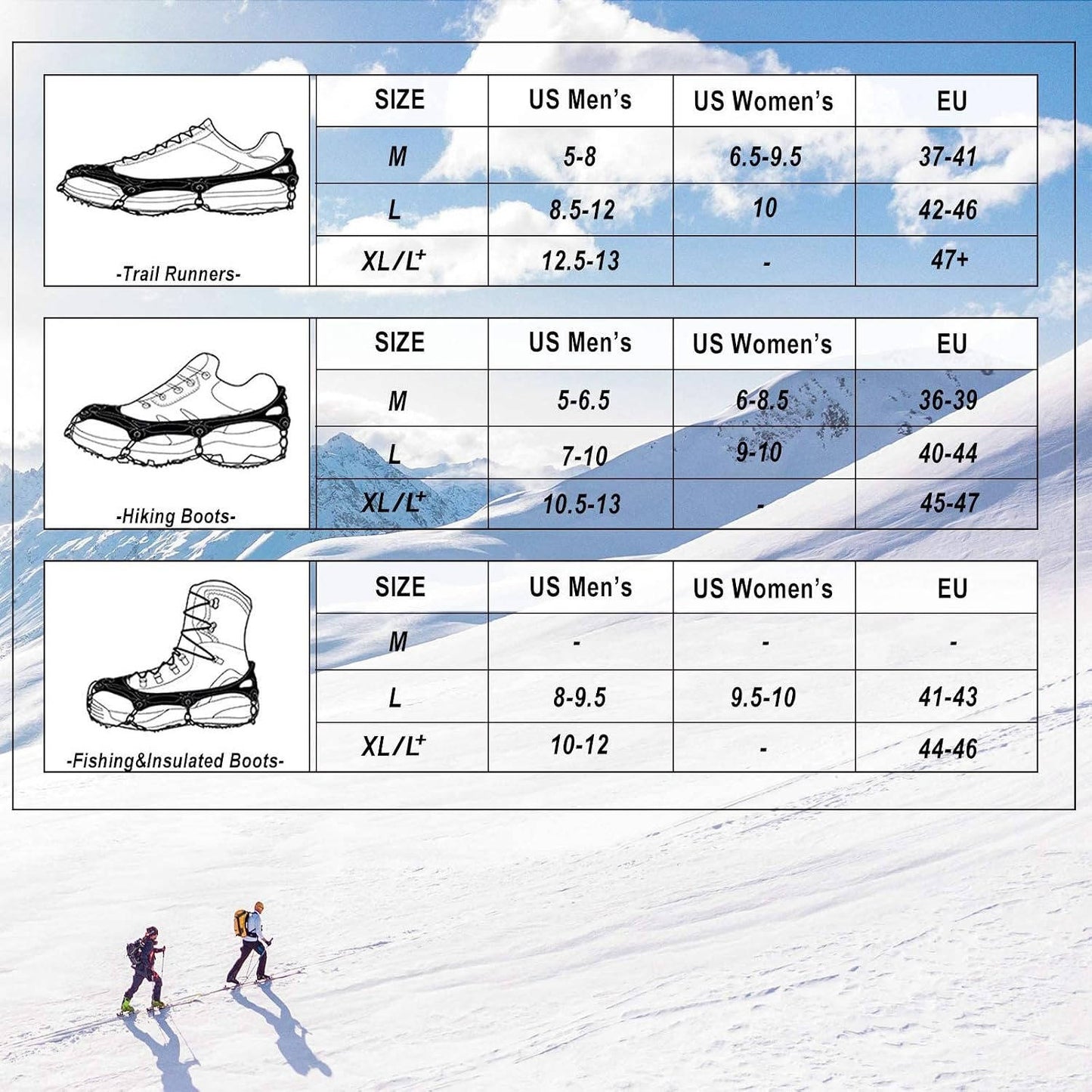 Ice Cleats for Shoes and Boots, 19 Stainless Steel Spikes, Anti Slip Snow Traction Grips for Hiking, Walking and Climbing