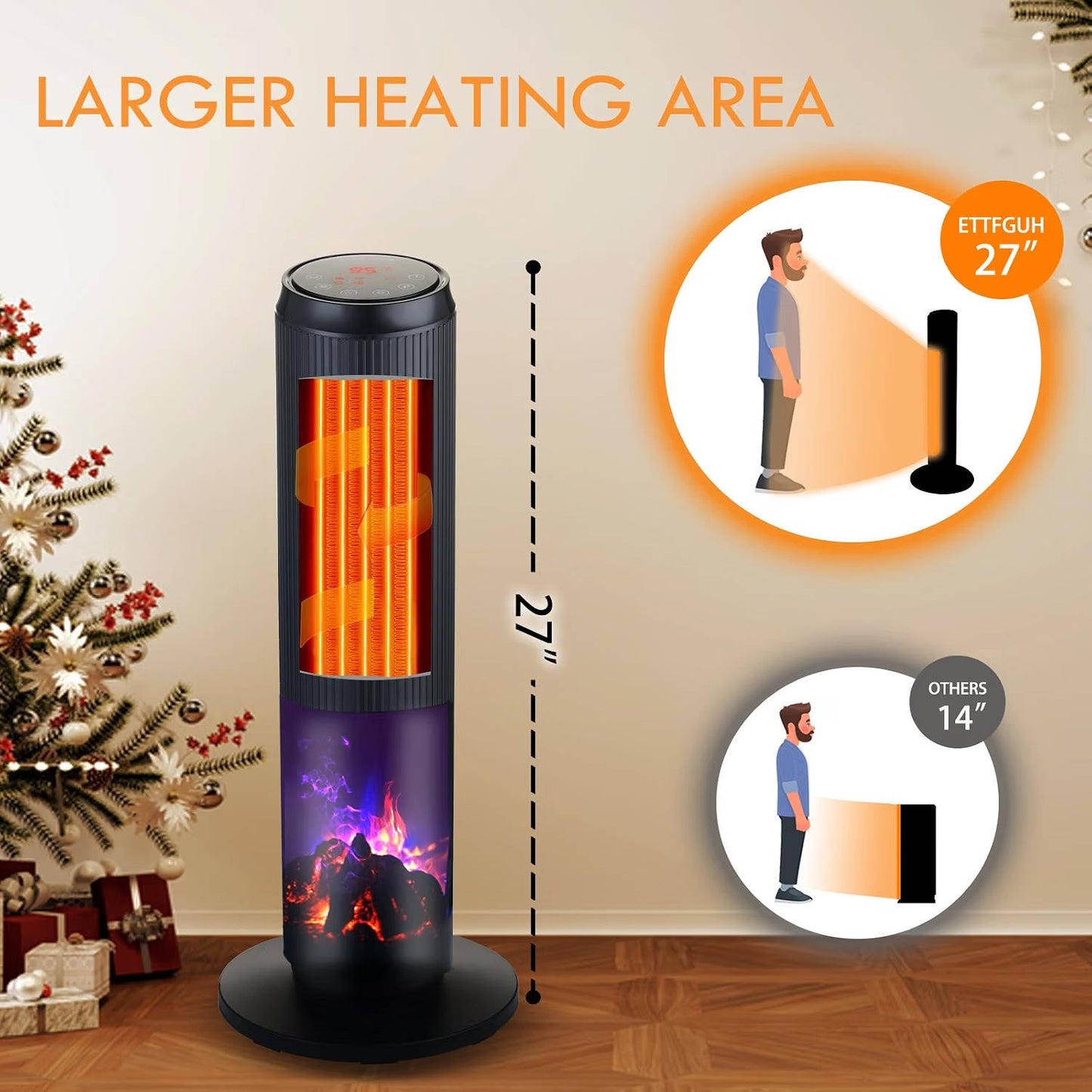 27 inches Ceramic Tower Space Heater, Electric Heater for Large Rooms with 3D Flame, Oscillation and Remote Control