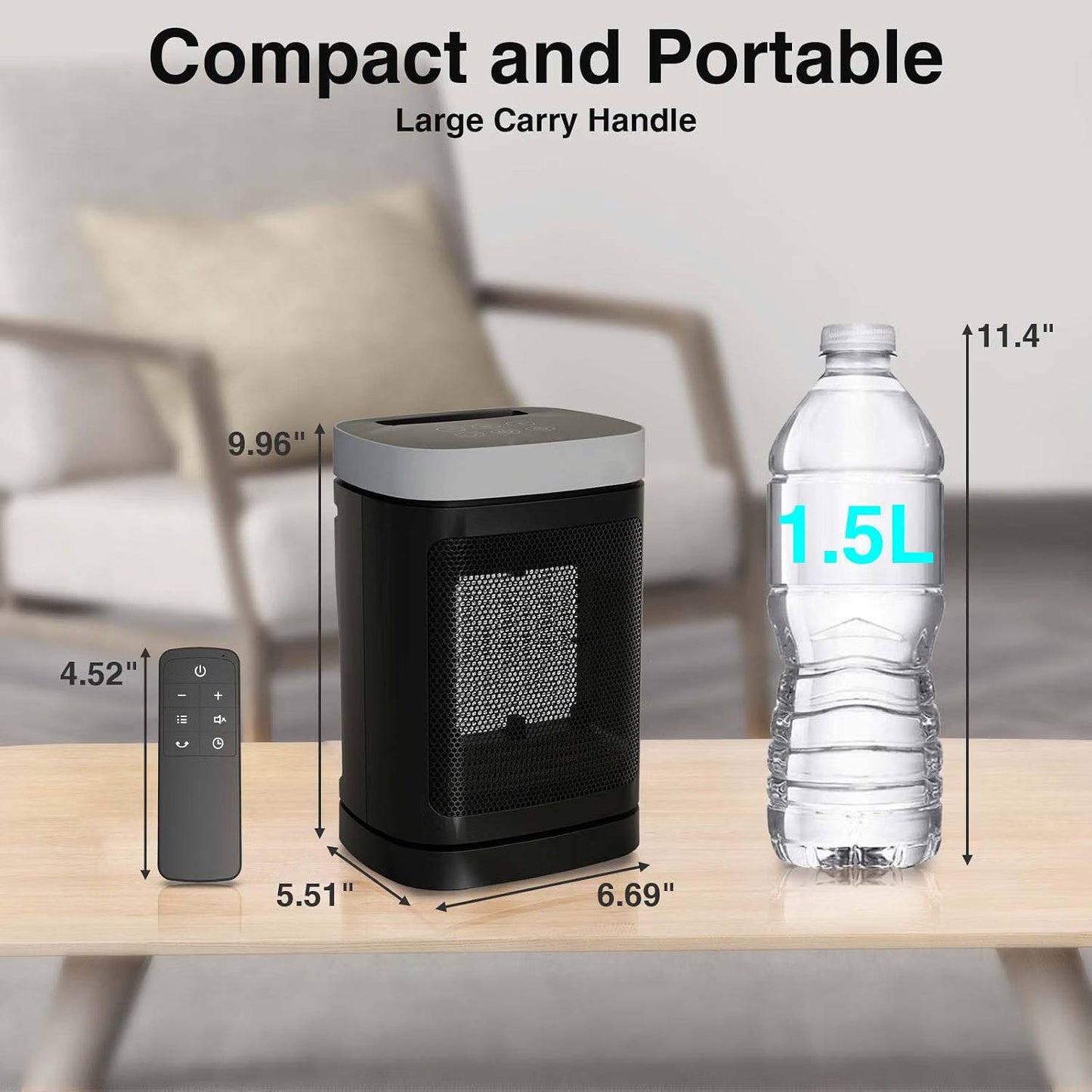 Portable Space Heater, Electric Indoor Heater with 70 Degrees Oscillation and Remote Control for Home, Office and Bedroom
