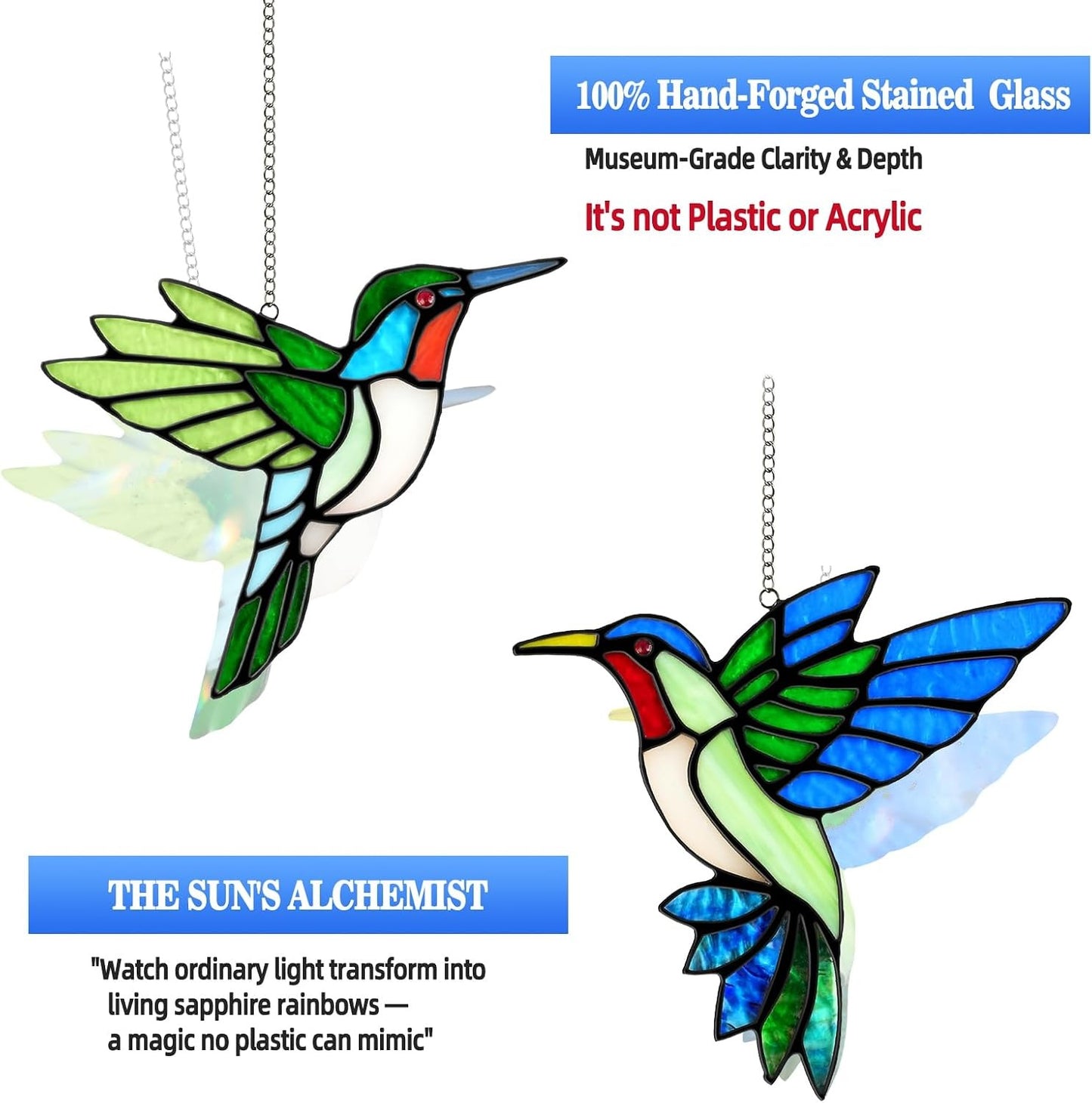 2 Pcs Hummingbird Stained Glass Window Hanging Suncatchers, Handmade Copper Foil Sun Catcher Decor