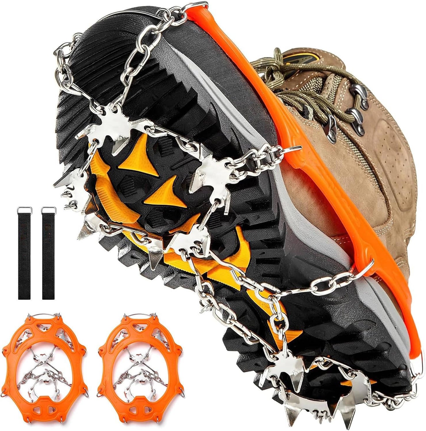 Ice Cleats for Shoes and Boots, 19 Stainless Steel Spikes, Anti Slip Snow Traction Grips for Hiking, Walking and Climbing