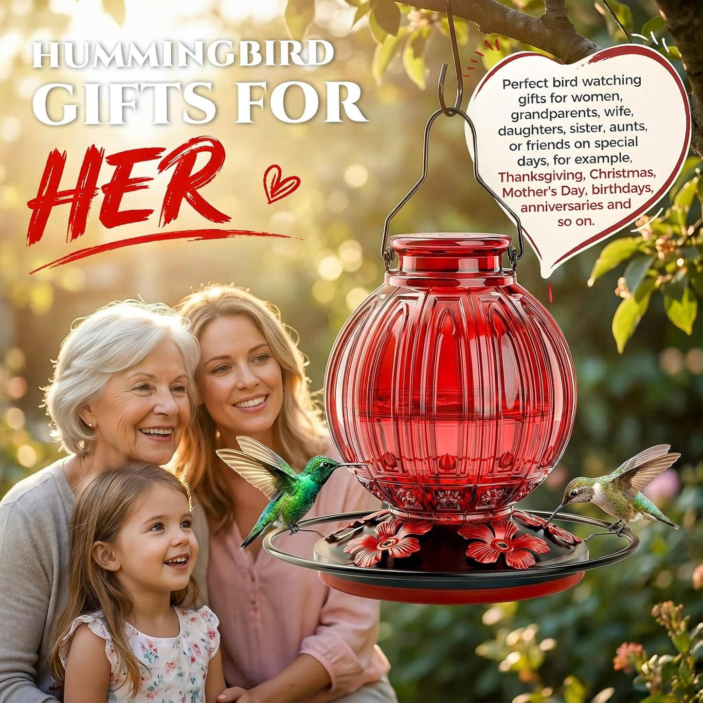 Glass Bird Feeder for Outdoors Hanging, 26 oz Leakproof Bird Nectar Feeder with 5 Metal Flower Feeding Ports